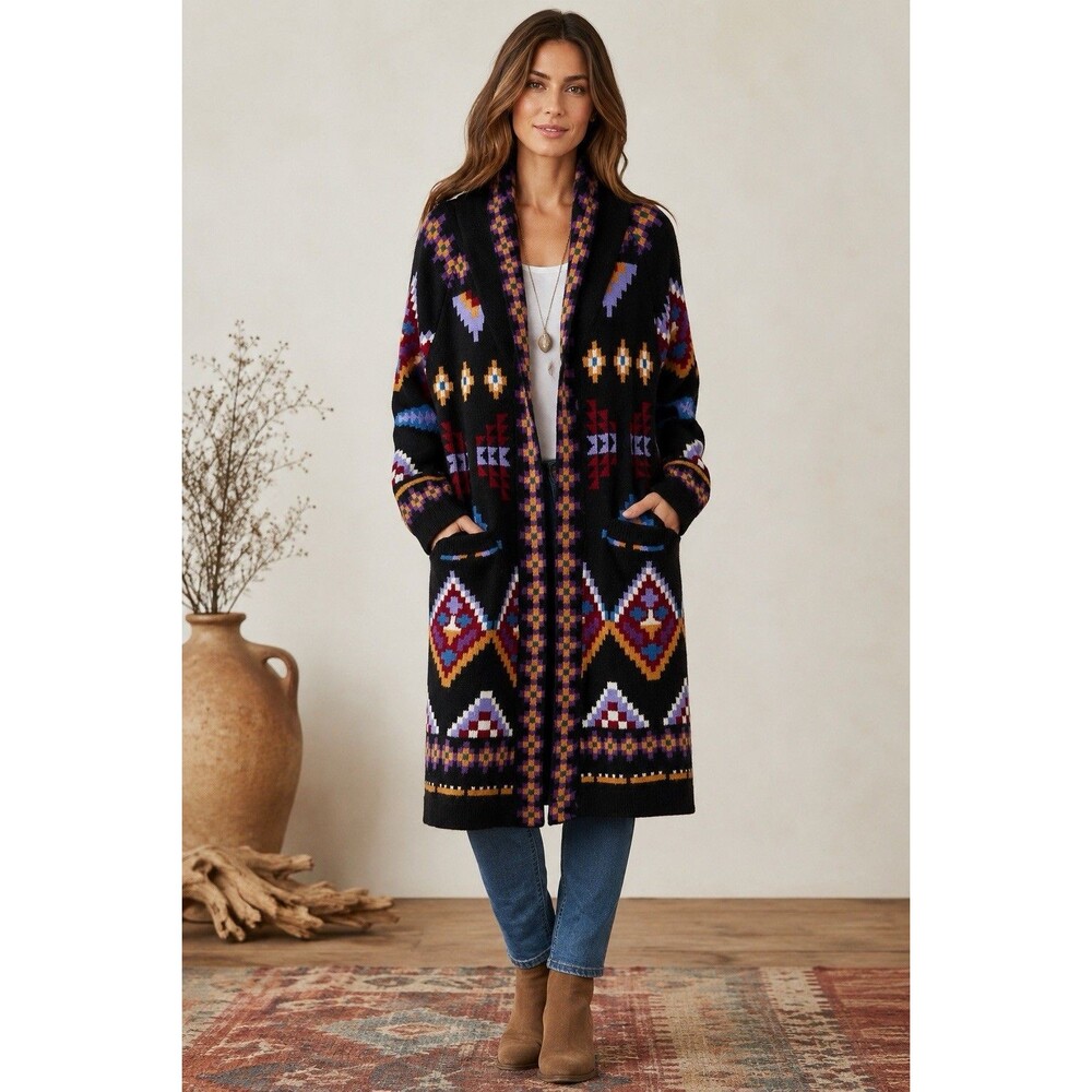 Sundance Long Southwestern Wool Blend Sweater Coat Snap Front Shawl Collar M